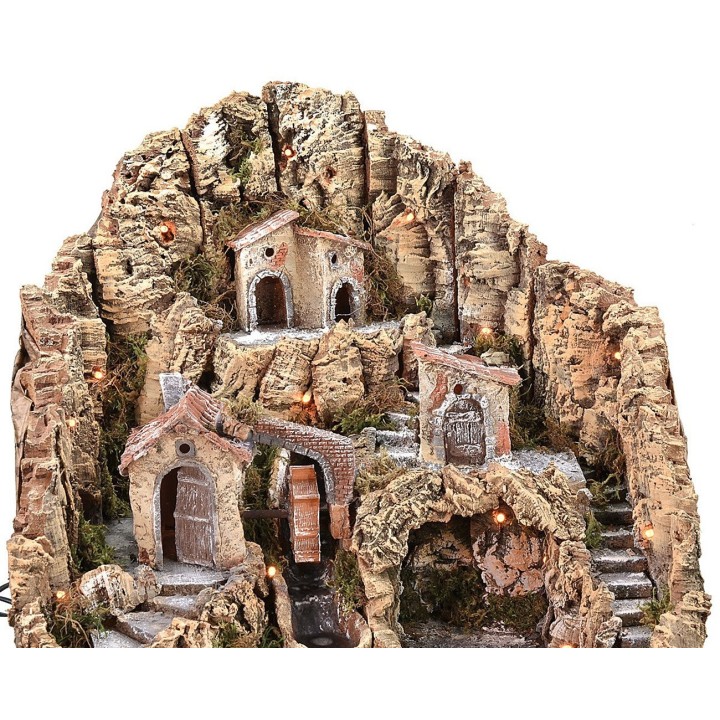 Presepe illuminato con mulino ad acqua e cascata cm 53x45x49 h