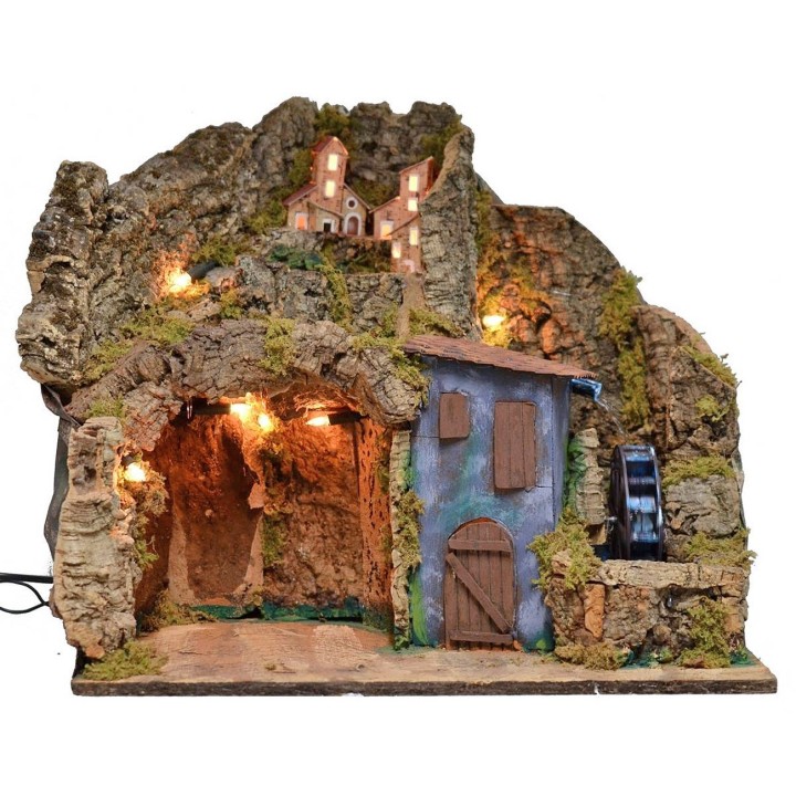 Illuminated nativity scene with working water mill cm 45x30x41 h