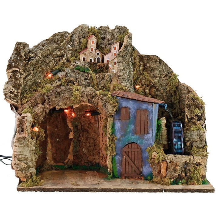 Pesebre iluminado con molino de agua funcionando de 45x30x41 cm