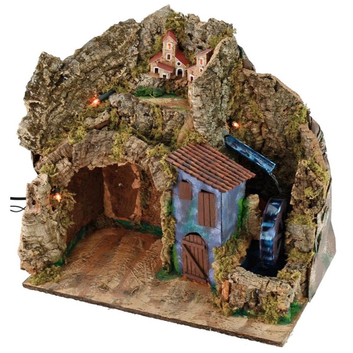 Pesebre iluminado con molino de agua funcionando de 45x30x41 cm