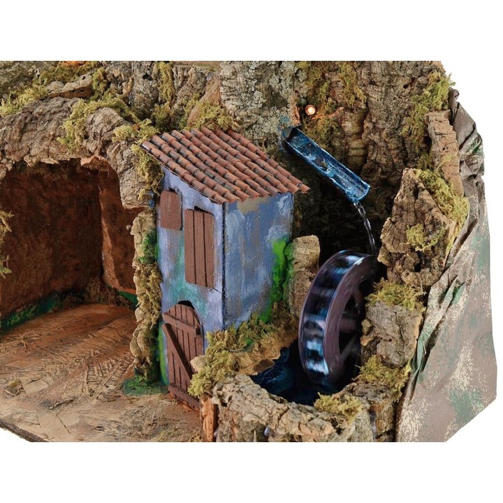 Illuminated nativity scene with working water mill cm 45x30x41 h