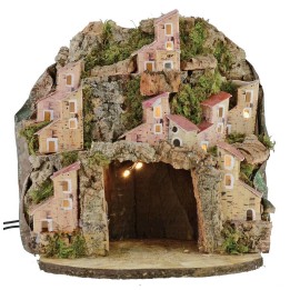 Illuminated nativity scene with village and cave cm 20x20x24 h