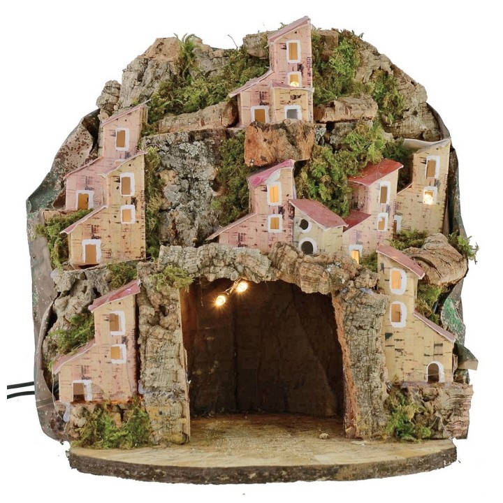 Belén iluminado con pueblo y cueva de 20x20x24 cm h