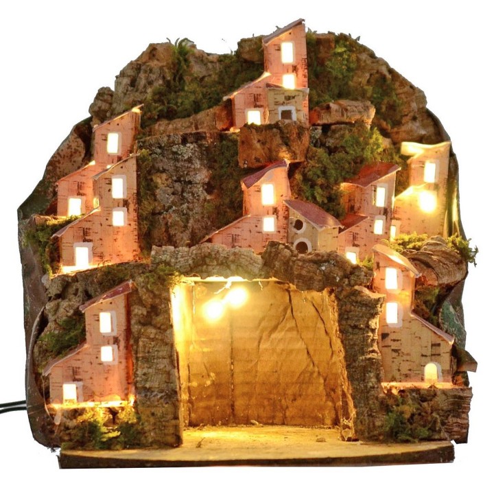 Illuminated nativity scene with village and cave cm 20x20x24 h