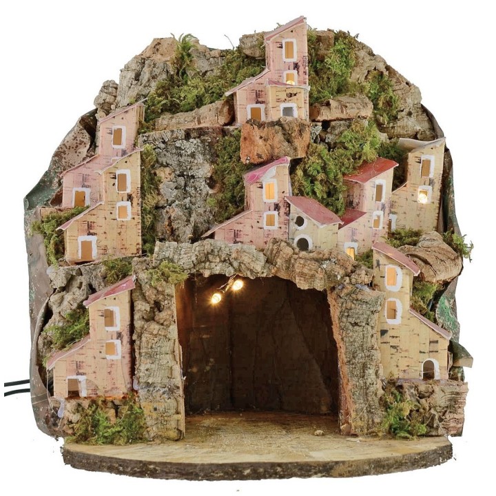 Belén iluminado con pueblo y cueva de 20x20x24 cm h