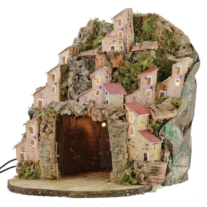 Belén iluminado con pueblo y cueva de 20x20x24 cm h