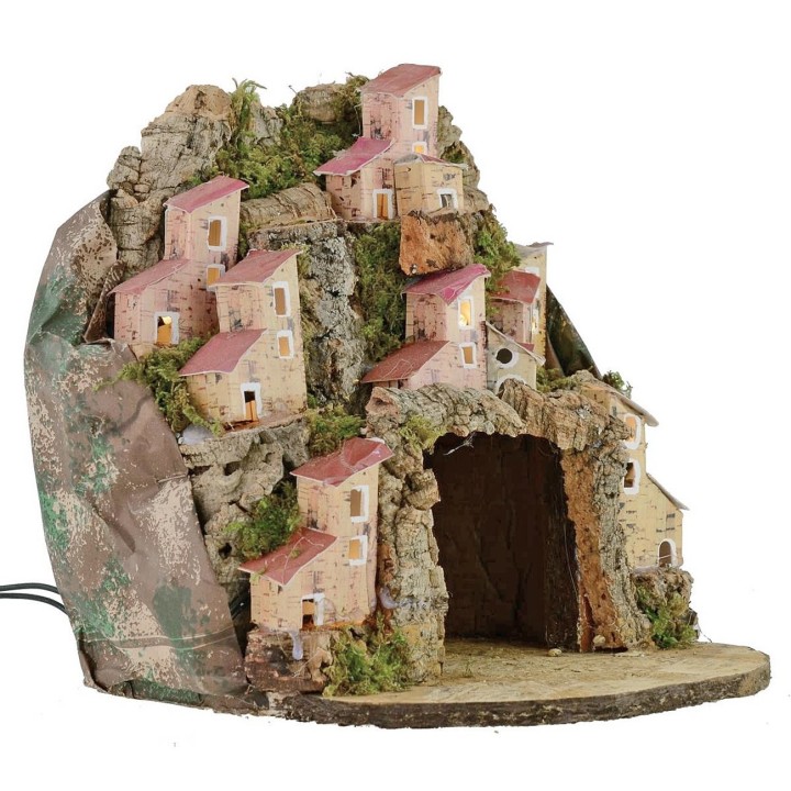 Belén iluminado con pueblo y cueva de 20x20x24 cm h
