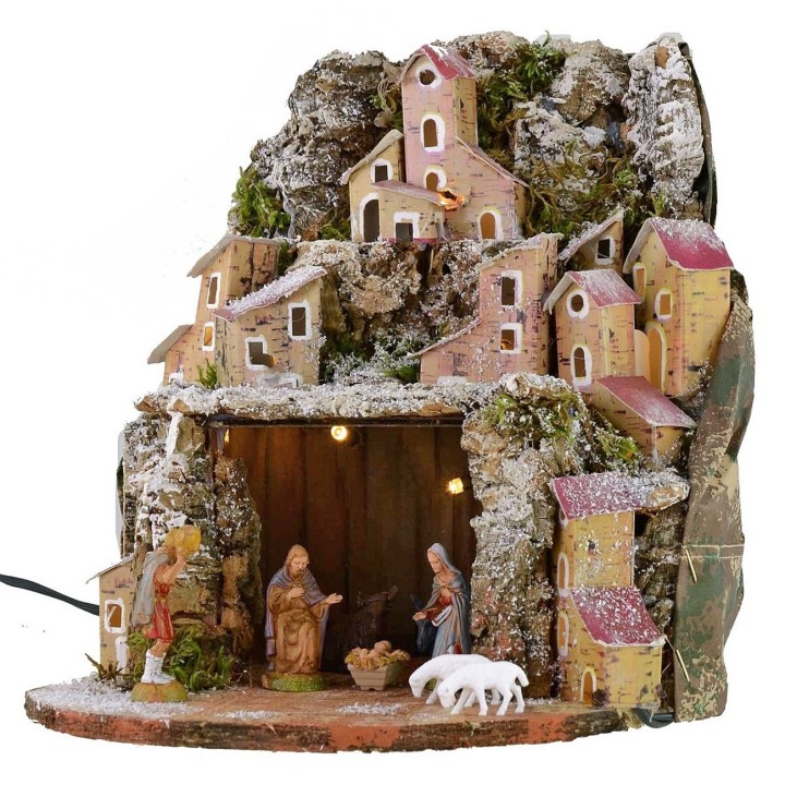 Belén nevado iluminado completo con estatuas Landi con pueblo y
