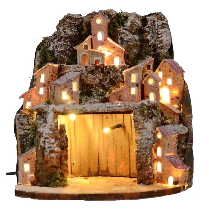 Belén nevado iluminado con pueblo y cueva de 20x20x24 cm h.