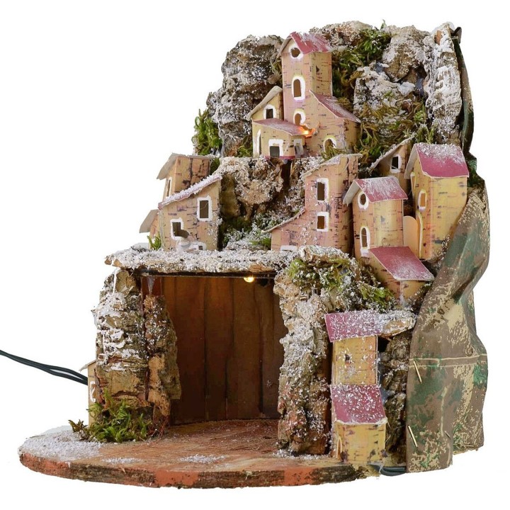 Belén nevado iluminado con pueblo y cueva de 20x20x24 cm h.