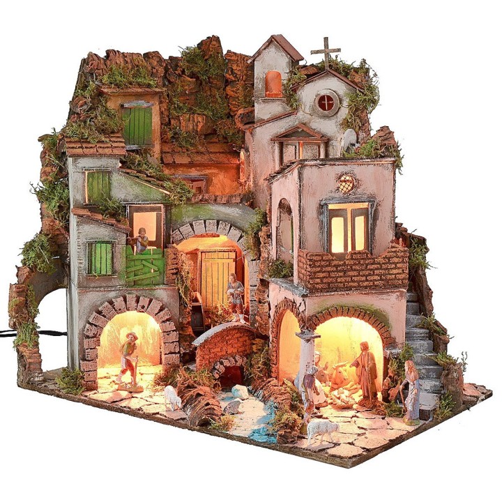 Illuminated Neapolitan nativity scene complete with Landi