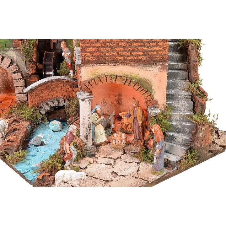Belén napolitano iluminado completo con estatuas Landi y molino