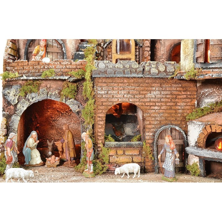 Presepe napoletano illuminato con forno, cascata e mulino a