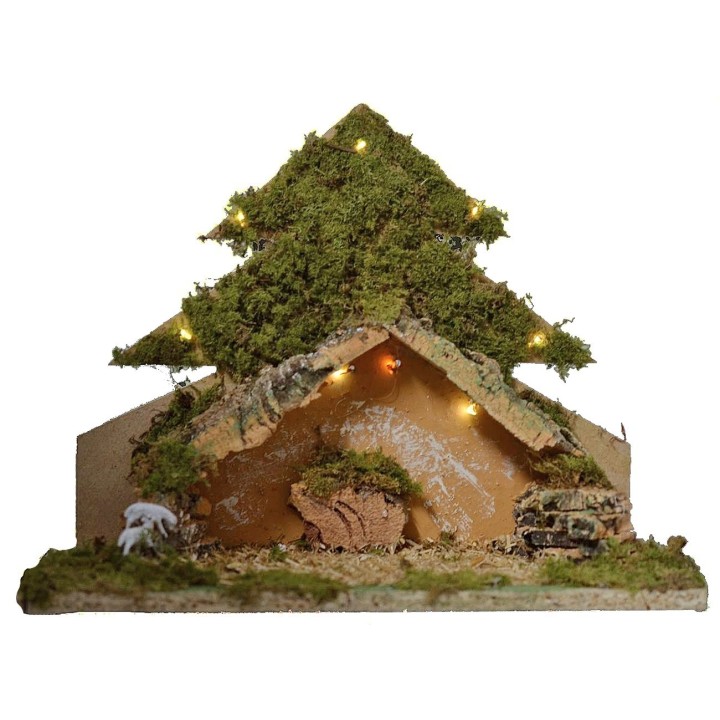 Árbol con cabaña iluminados con luces LED a pilas de 33x15x25,5