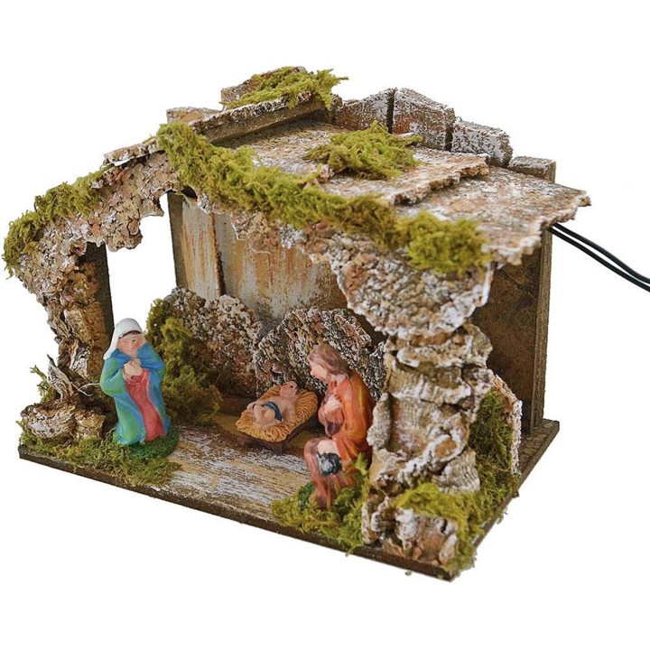 Capanna con natività e luce a batteria - Grotta presepe
