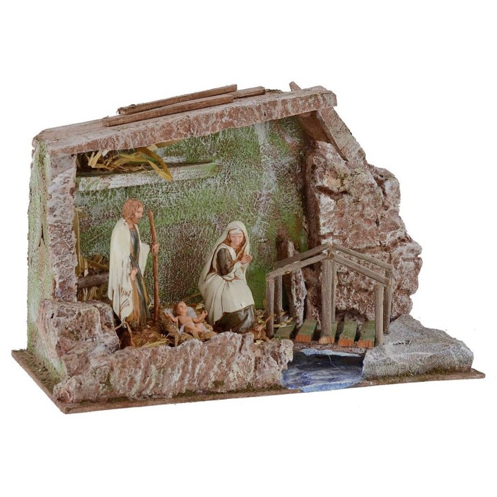 Capanna completa di Natività Landi 10 cm con ponte e ruscello