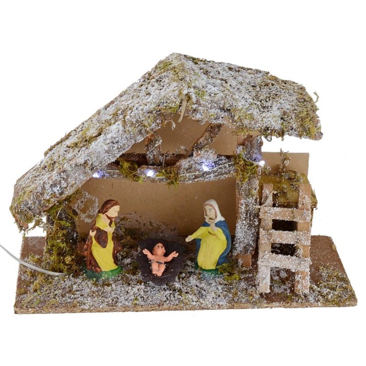 Capanna innevata con luci a led a batteria completa di natività