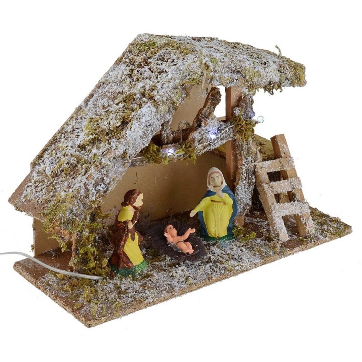 Capanna innevata con luci a led a batteria completa di natività