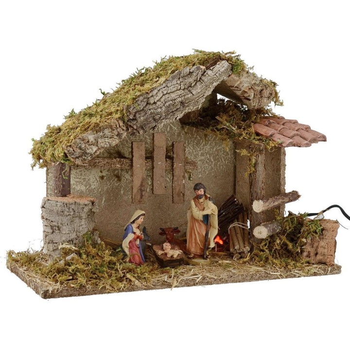 Nativity scene hut with Nativity and fire cm 35x15x23.5 h