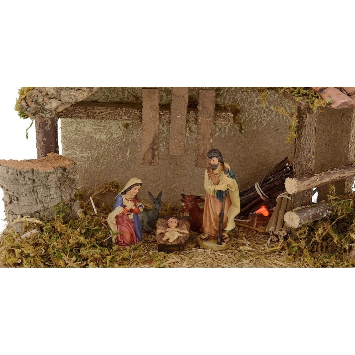 Nativity scene hut with Nativity and fire cm 35x15x23.5 h