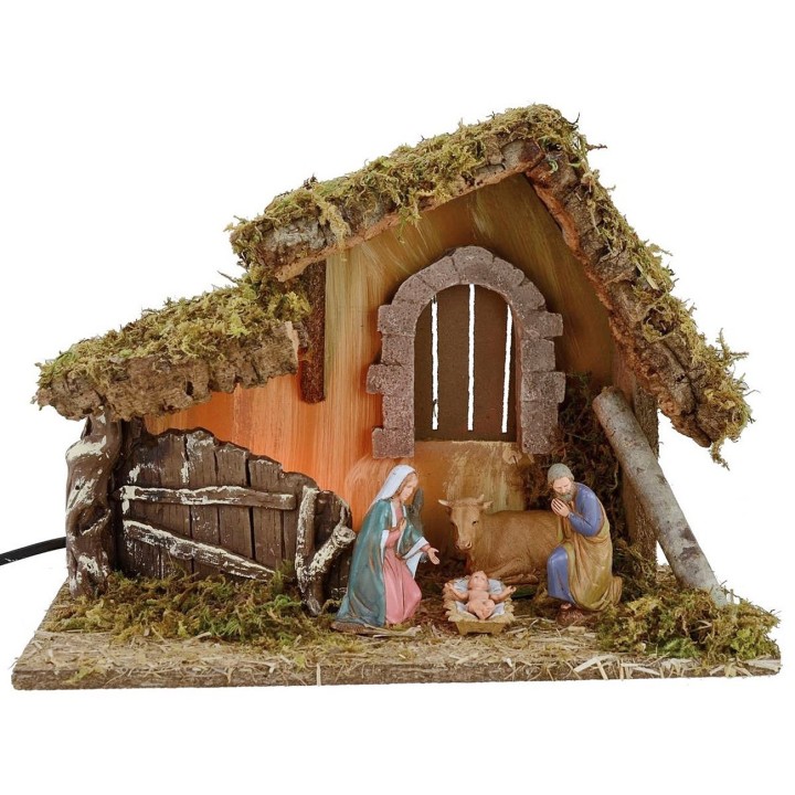 Capanna per presepe illuminata con Natività Landi cm 32x18x24 h