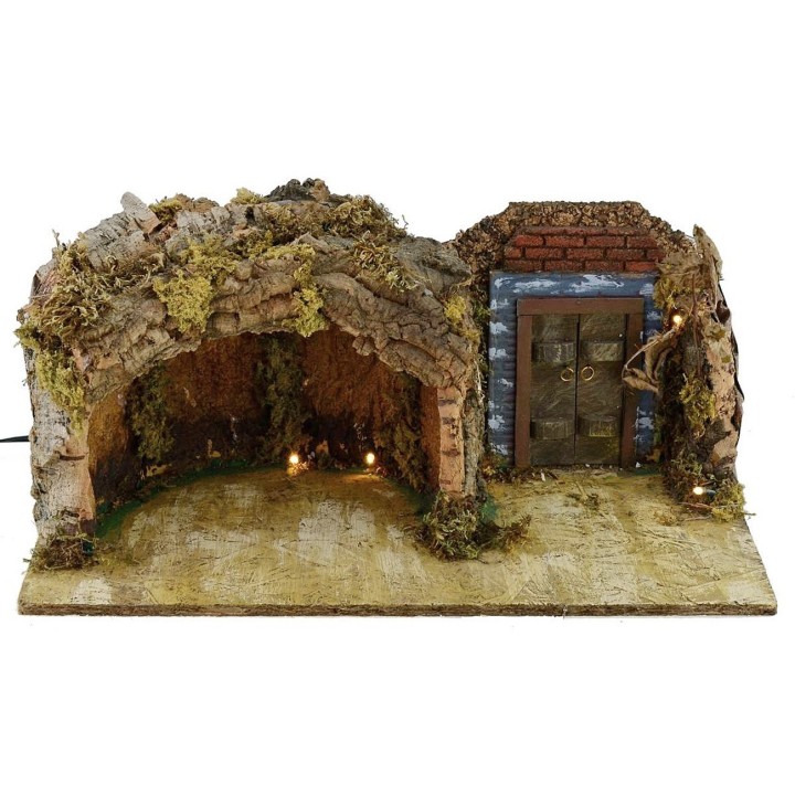 Grotta con portone illuminati cm 49x25x20 h per Natività da