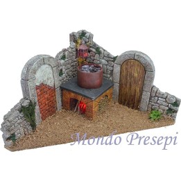 Cucina con paiolo effetto bollitura e fuoco presepe e lanterna