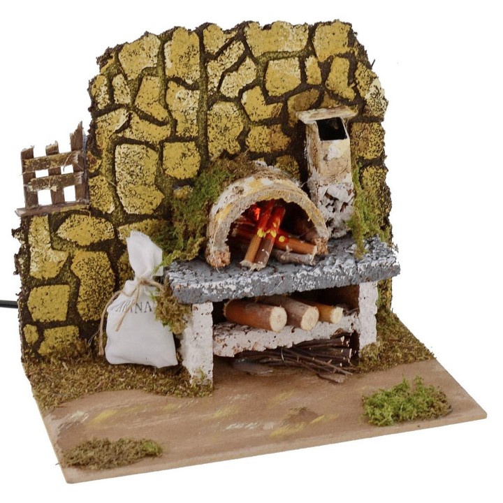 Forno a legna con lampada effetto fuoco funzionante per presepe