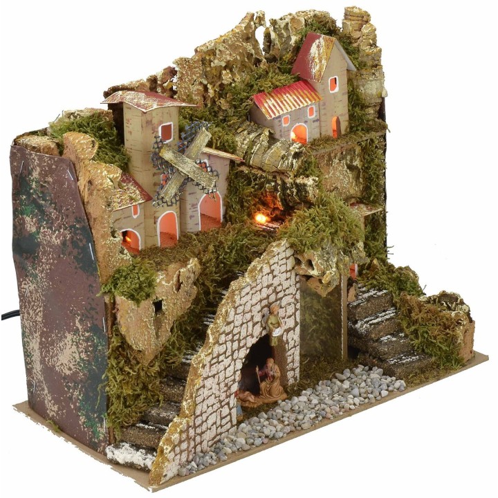 Pesebre iluminado con pueblo y paisaje cm 28x15x23 h completo