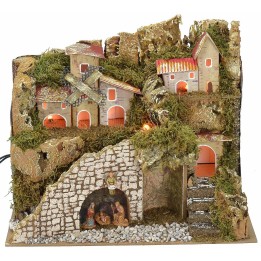 Illuminated nativity scene with village and landscape 28x15x23