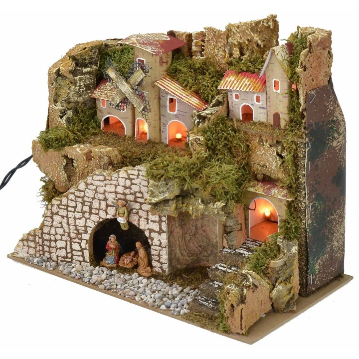 Illuminated nativity scene with village and landscape 28x15x23