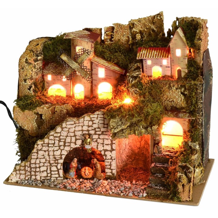 Pesebre iluminado con pueblo y paisaje cm 28x15x23 h completo