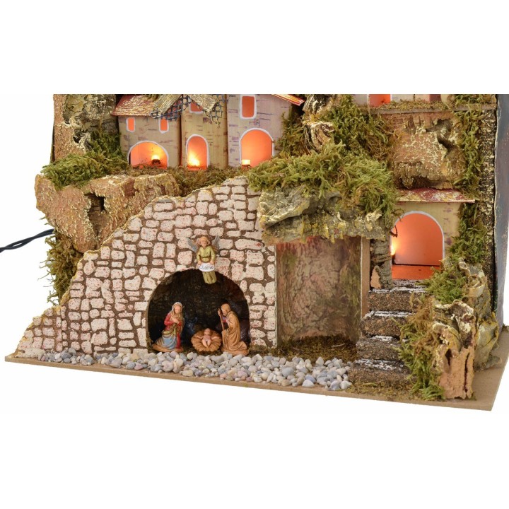Illuminated nativity scene with village and landscape 28x15x23