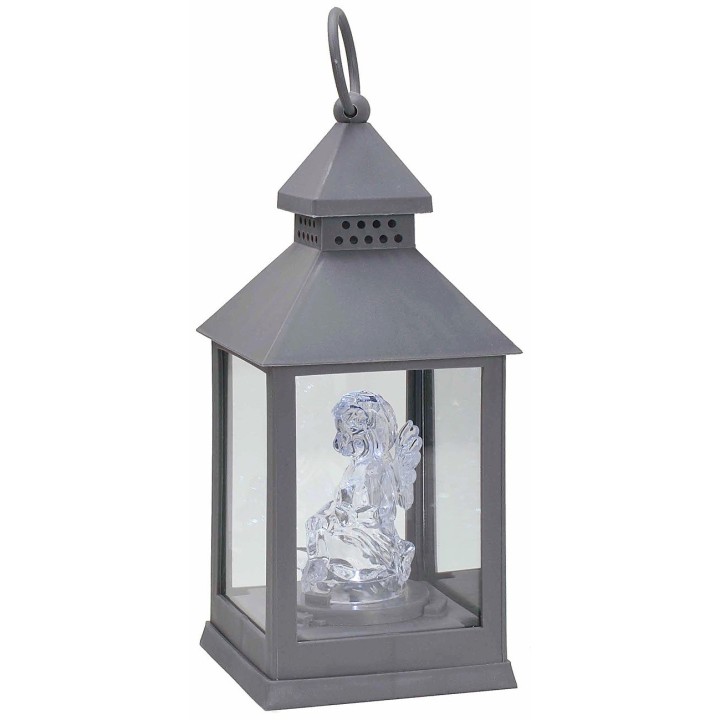Linterna gris con ángel iluminado de 10x10x23 cm h