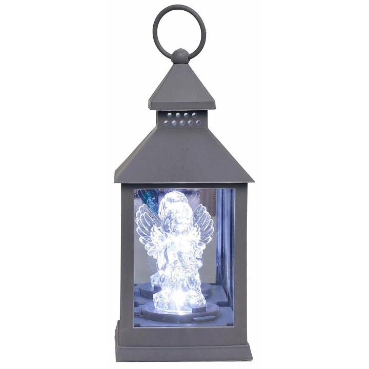 Linterna gris con ángel iluminado de 10x10x23 cm h