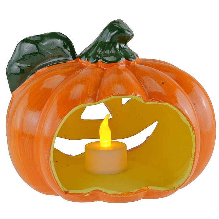 Pumpkin candle holder with leaf for Halloween 18x15 cm h