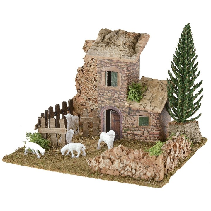 Escenario para belén con casita y redil de ovejas de 20x15x14