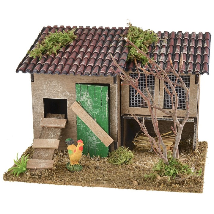 Nativity scene setting with chicken coop and rabbit hutch