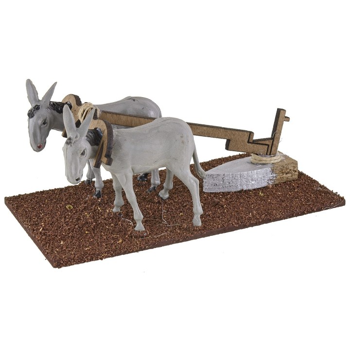 Arado con dos burros para belén de 16x8x7 cm h
