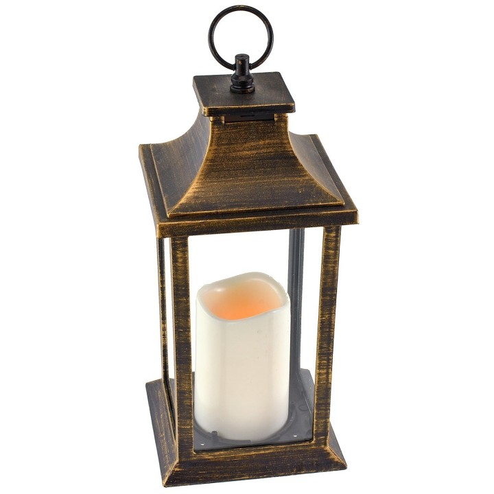 Linterna negra efecto oro con vela a pilas de 14x14x35 cm h