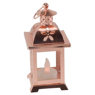 Copper lantern with battery-powered candle 7x7x17 cm h