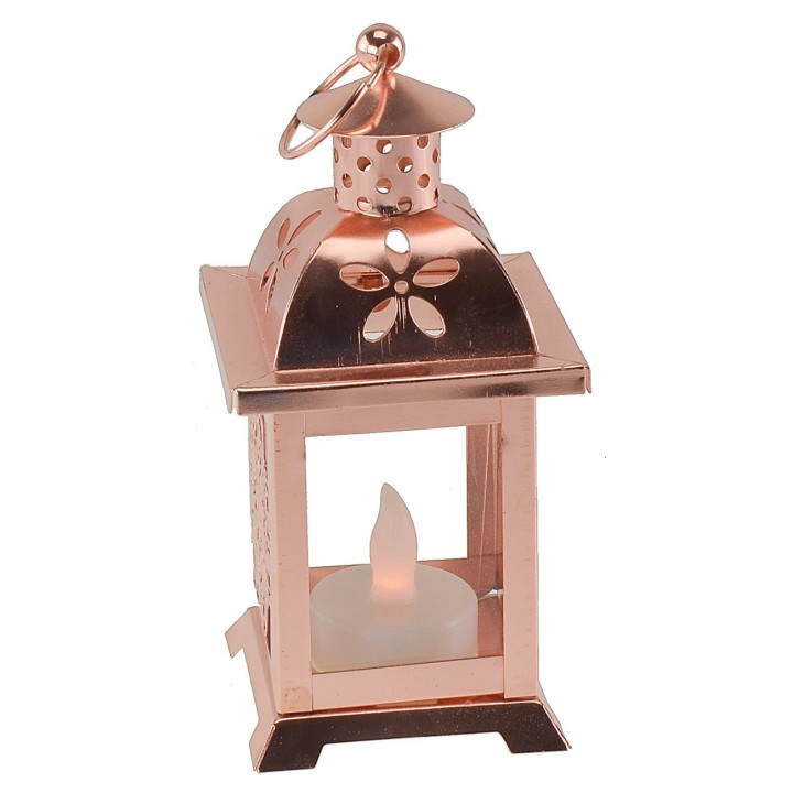 Linterna de cobre con vela a pilas de 7x7x17 cm h