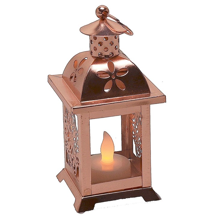 Linterna de cobre con vela a pilas de 7x7x17 cm h