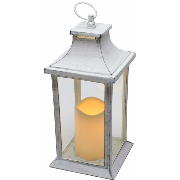 Lanterna bianca invecchiata con candela a batterie cm 14x14x35 h