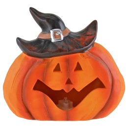 Pumpkin with hat and battery-operated color-changing LED for