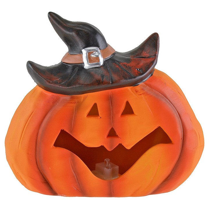 Calabaza con sombrero y luces LED que cambian de color a pilas