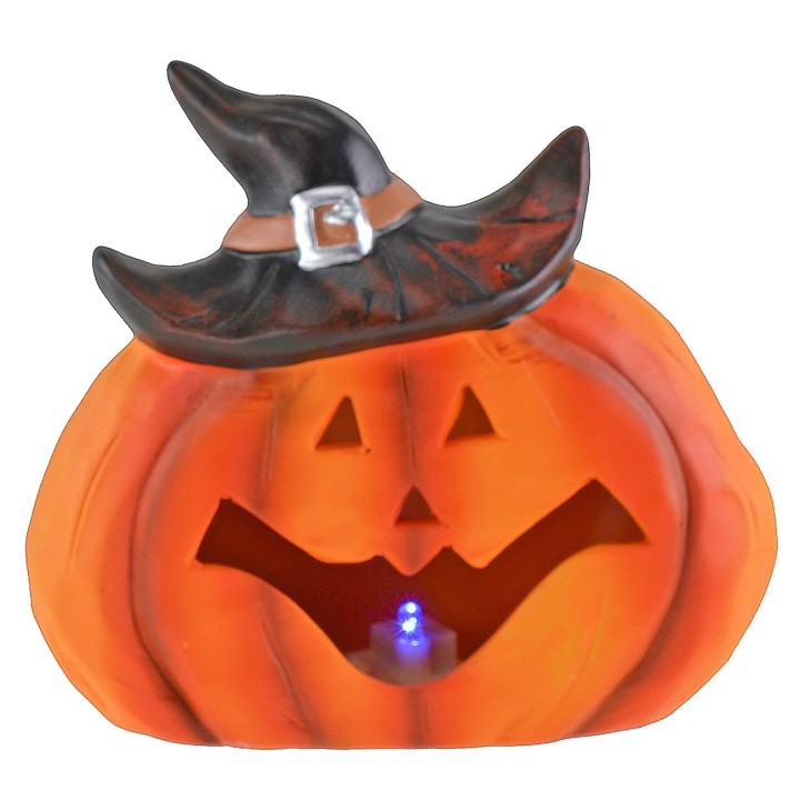 Pumpkin with hat and battery-operated color-changing LED for