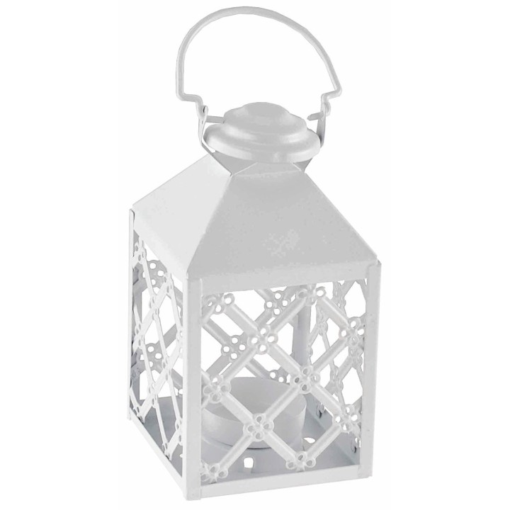 Linterna blanca de metal con soporte para vela 7,5x7,5 x17,5 h