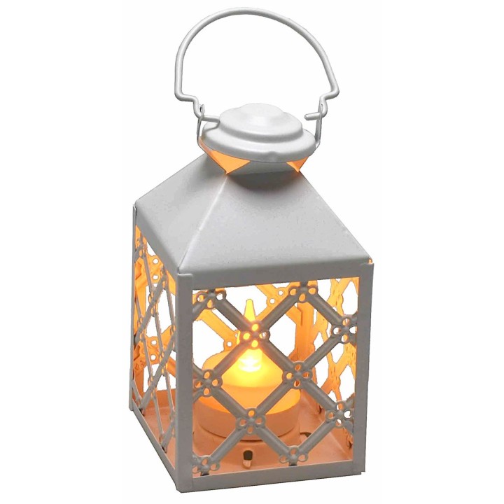 Linterna blanca de metal con soporte para vela 7,5x7,5 x17,5 h