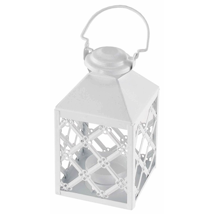 Lanterna bianca in metallo con porta lumino 7,5x7,5 x17,5 h